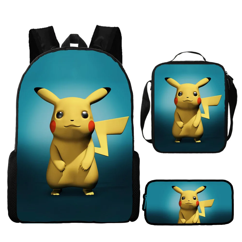 

3 шт.-Пикачу, удобный рюкзак из полиэстера с 3D принтом покемона, вместительная школьная сумка, сумка-мессенджер, пенал, набор из трех предметов
