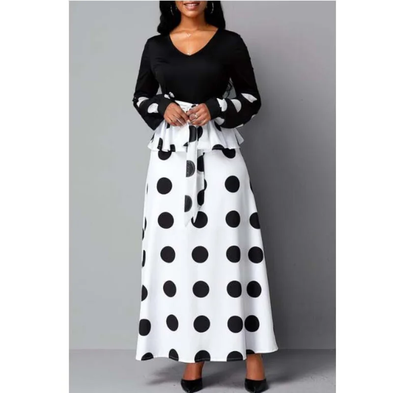 

Сетчатая Комбинированная юбка с завышенной талией, длинное платье в горошек с принтом, женские платья с V-образным вырезом и длинными рукавами, весна 2023, новинка для женщин