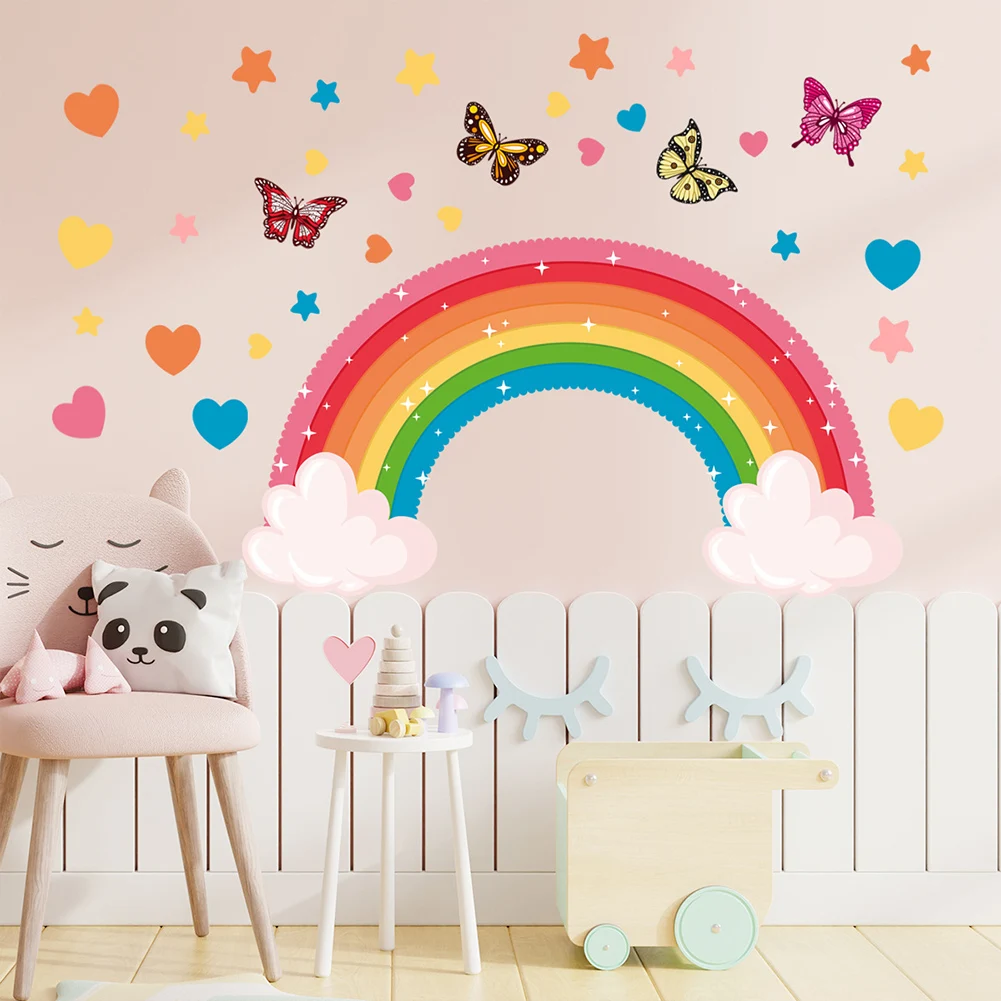 

Removable Rainbow Wall Decals Waterproof PVC Butterfly Heart Star Vinyl Wall Sticker for Kids Girls Room Nursery Decorative Cute
