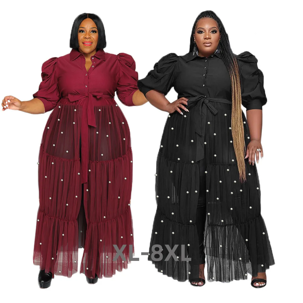 Plus Size Women Casual Dress Fashion Pearls Turn Down Neck Short Sleeves Ladies Shirt Dresses with Beading 3xl 4xl 5xl 6xl