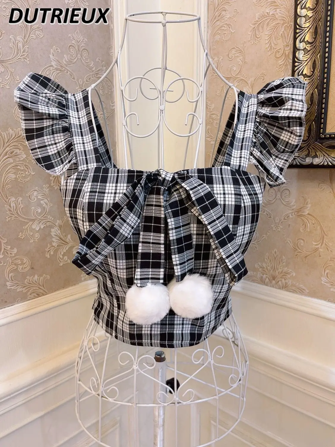 

Женский клетчатый топ с бантом и рукавами-фонариками