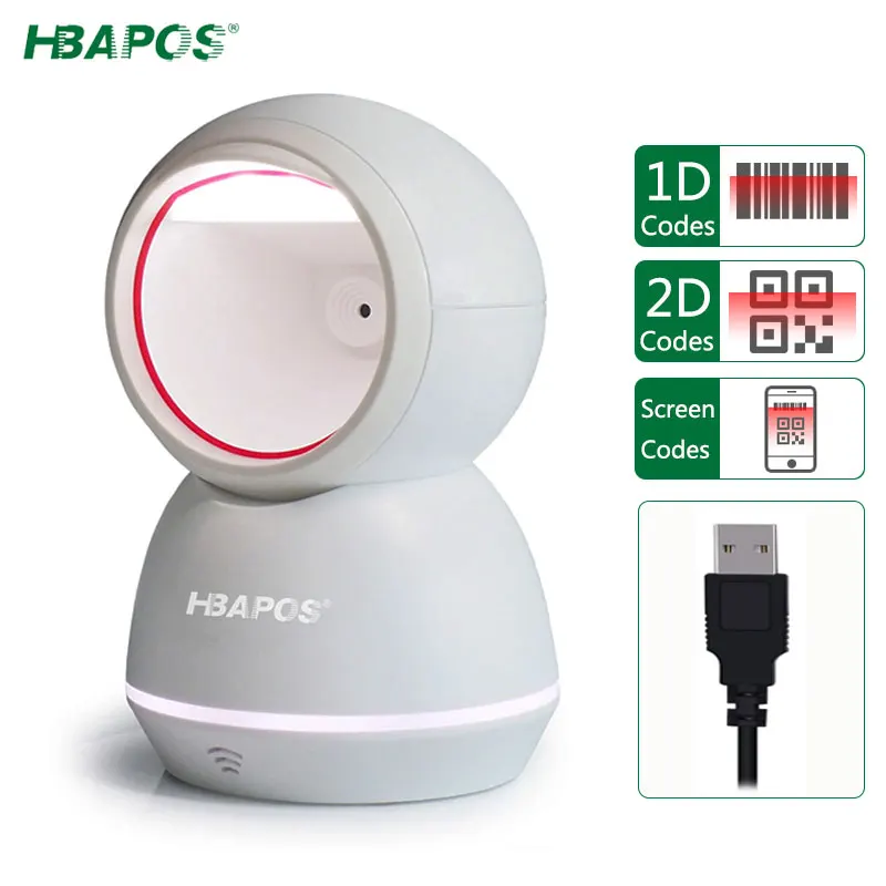 

HBAPOS 2D 1D QR Desktop Barcode Scanner Omnidirectional Handsfree USB Wired Barcode Reader Work with PC POS Laptop Windows Linux