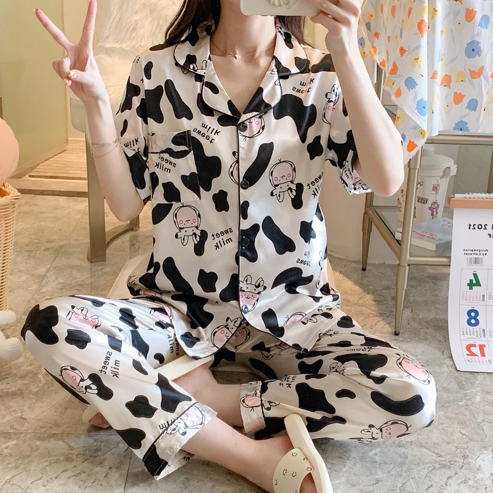 Cute Cow Pajamas Summer Women Short Sleeve Trousers Suit Sweet Women's Home Service Two-piece Suit Pajamas Set Ice Silk Pyjamas