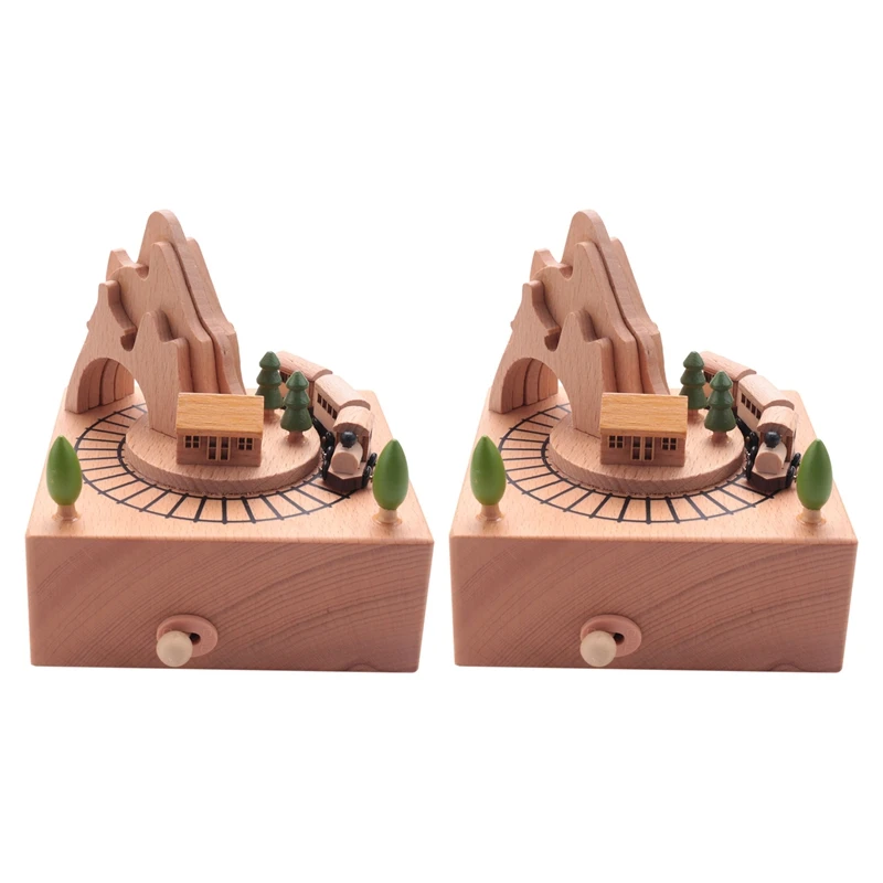

2X Wooden Musical Box Featuring Mountain Tunnel With Small Moving Magnetic Train Plays