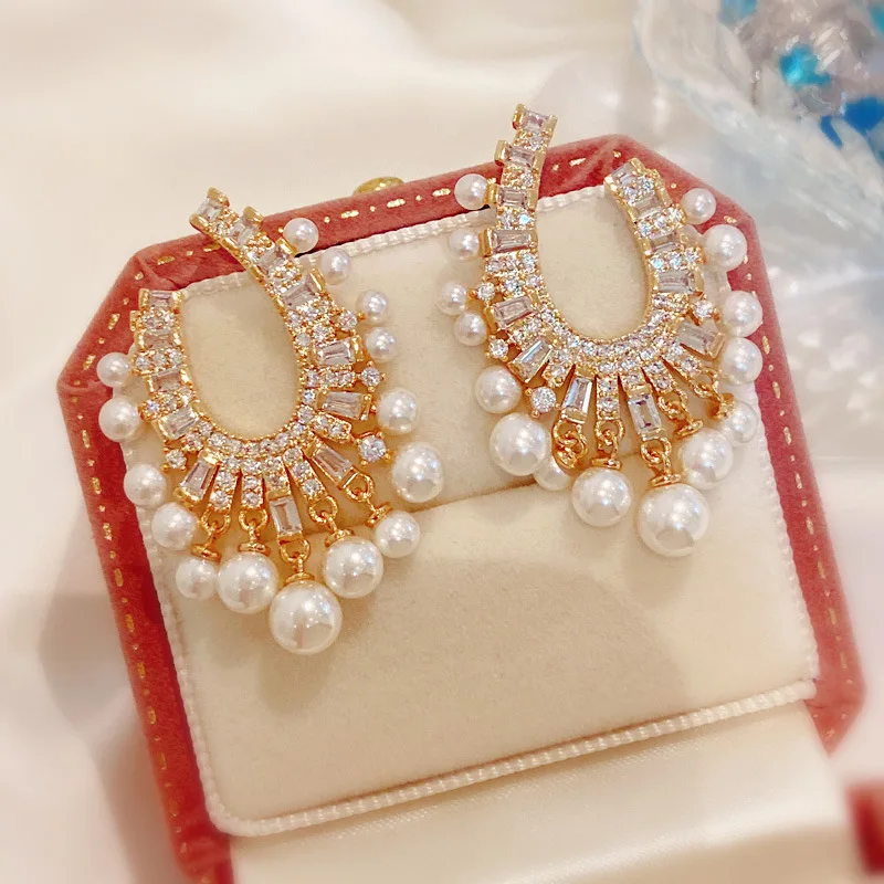 

French retro geometric water drop U-shaped size pearl tassel micro-set zircon all-match daily earrings