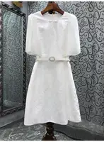 Newest Fashion Summer Dress 2022 High Quality Women Vintage Jacquard Patterns Flare Sleeve Slim Fitted A-Line White Dress Belt