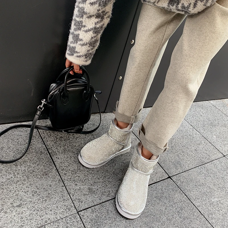 Winter Silver Women's Snow Boots Sequin Lamb Fur Thick Bottom Flat Bottom Rhinestone Women's Snow Boots