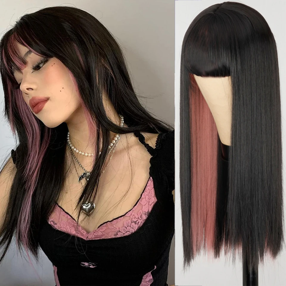 Synthetic Hair Pink and Black Wig Two layers of Wigs Long Straight hair Cosplay Wig Two Tone Ombre Color Women Wigs Lolita Wig sylvia synthetic lace front wig straight hair long orange wig lady glueless wig middle parting cosplay wig ombre two tone wigs