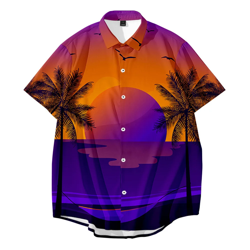2021 Summer Short-Sleeved Shirt Plus Size Hawaiian Coconut Sunset Print Shirt Men's Top Shirt Casual Beach Shirts Oversize Tops
