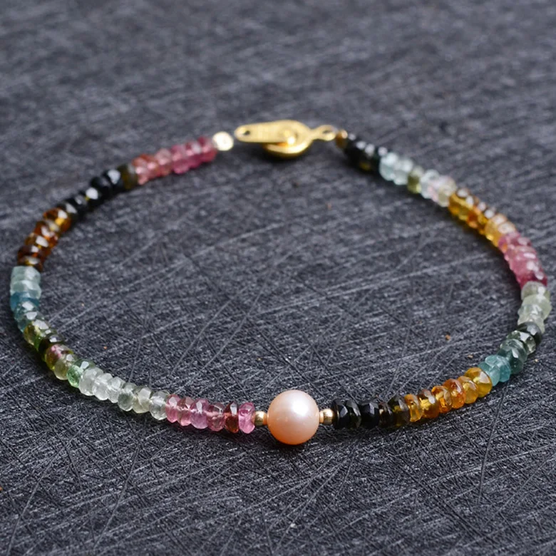 

Natural Crystal Rainbow Diamond Cut Tourmaline Bracelet 3.5MM with Freshwater Pearl Exquisite and Elegant Women's