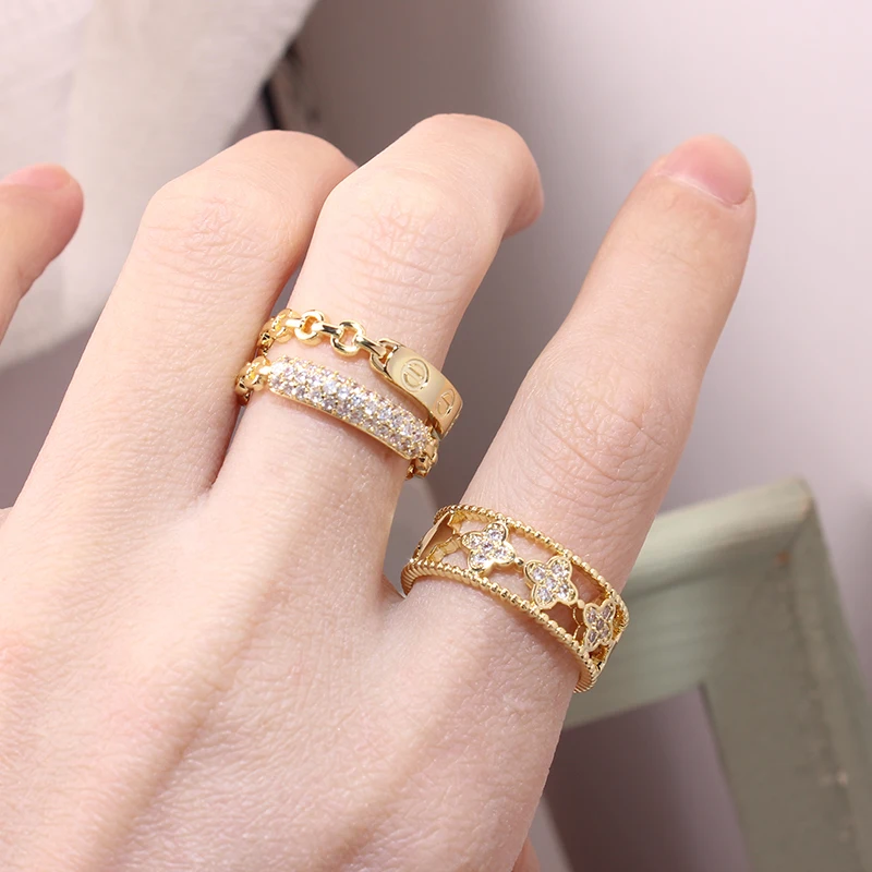 

Delicate Jewelry 14K Gold Plated Flower Adjustable Geometric Rings for Women Unique AAA Zircon Engagement Rings