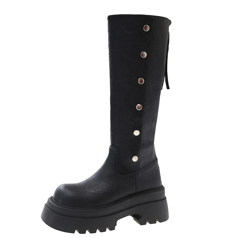 Женские высокие сапоги на платформе кожаные дизайнерские зимние туфли до колена