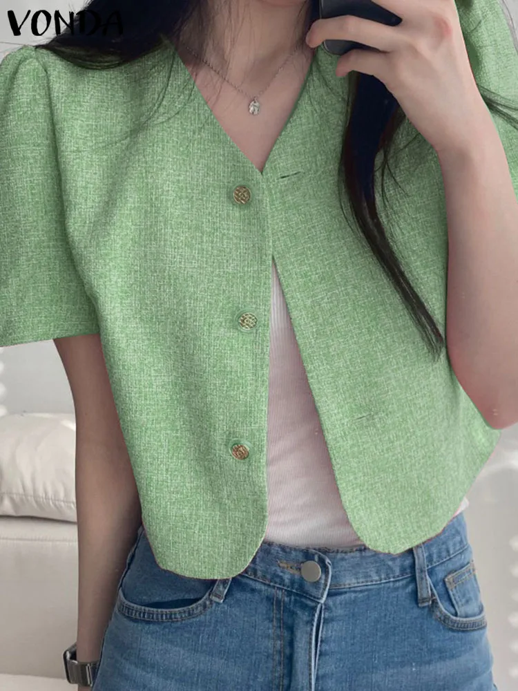 

2022 VONDA Women Summer Elegant Party Shirts Fashion Buttons Short Puff Sleeve Casual Office Streetwear Blouses V Neck Tunic Top