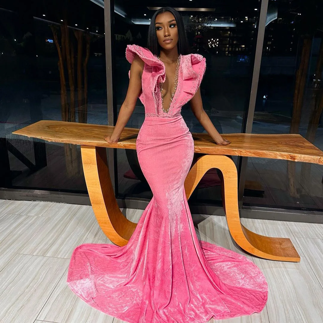 

Sexy Pink Deep V Neck Velvet Africa Evening Dress Zipper Back Long Mermaid Aso Ebi Prom Gowns Glitter Sequined Velour Formal Dre