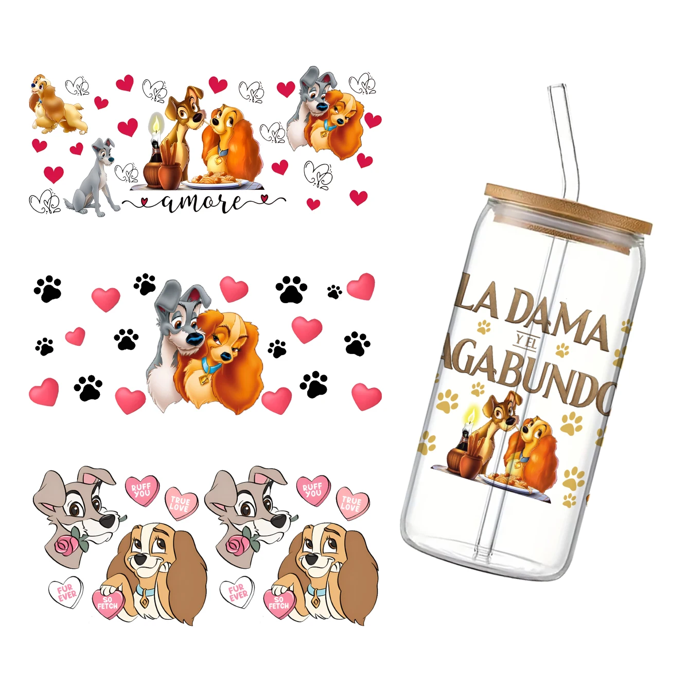 Disney Lady and the Tramp UV DTF обертки переводные наклейки DIY для 16 унций стеклянная чашка