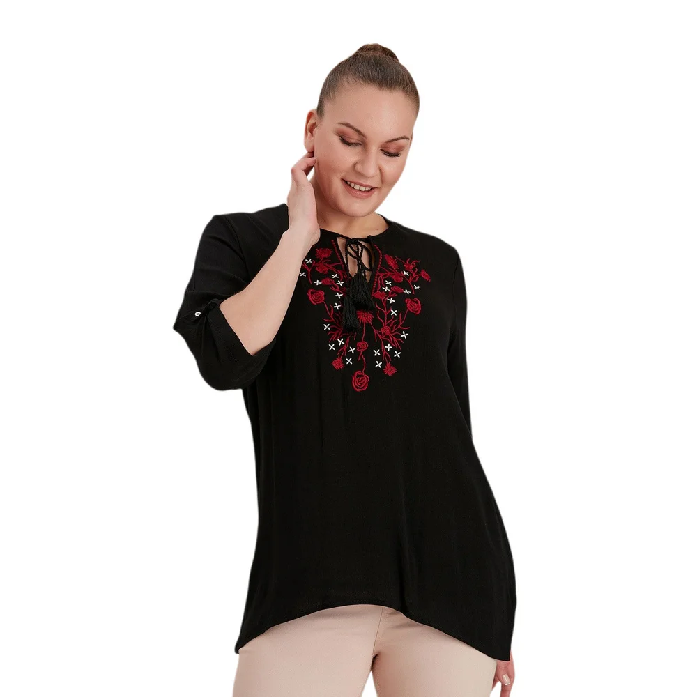 Fierte Women Plus Size Blouse Rg4312 Round Lacing Collar Embroidery Detail Folding Sleeve Summer Casual Black Green Indigo
