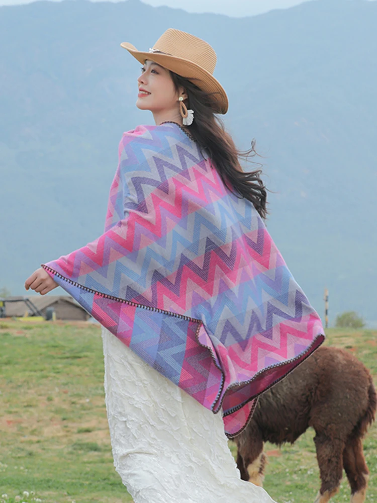 Осенне-зимний милый шарф в стиле преппи женское многослойное пончо теплый