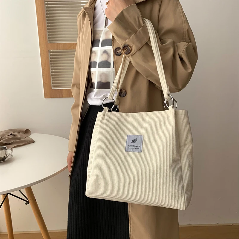 

Corduroy Bag Women Shoulder Female Handbags Retro Girls Large Shopper Reusable Foldable Eco Storage Grocery Tote Shopping Bag