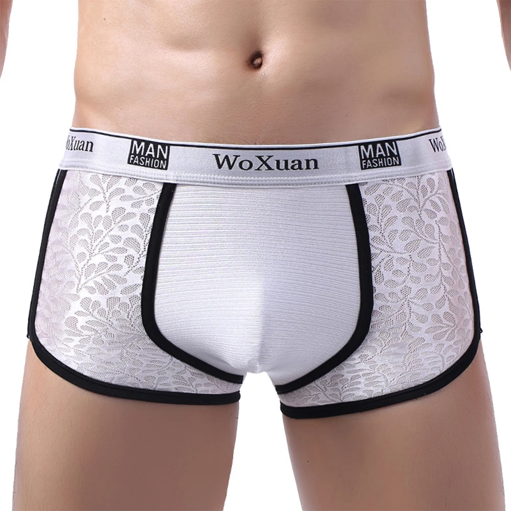 Soft Lace Stitching Boxer Trunks Mens Sexy Underwear Translucent Panties Male Breathable Underpants Mid Rise Convex Pouch Shorts