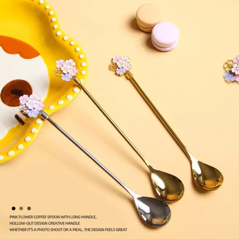 

Coffee Mixing Spoon Cherry Blossom Ong Handle Spoon Small Round Dessert Spoons Stainless Steel Spoon Kitchen Seasoning Mug Spoon