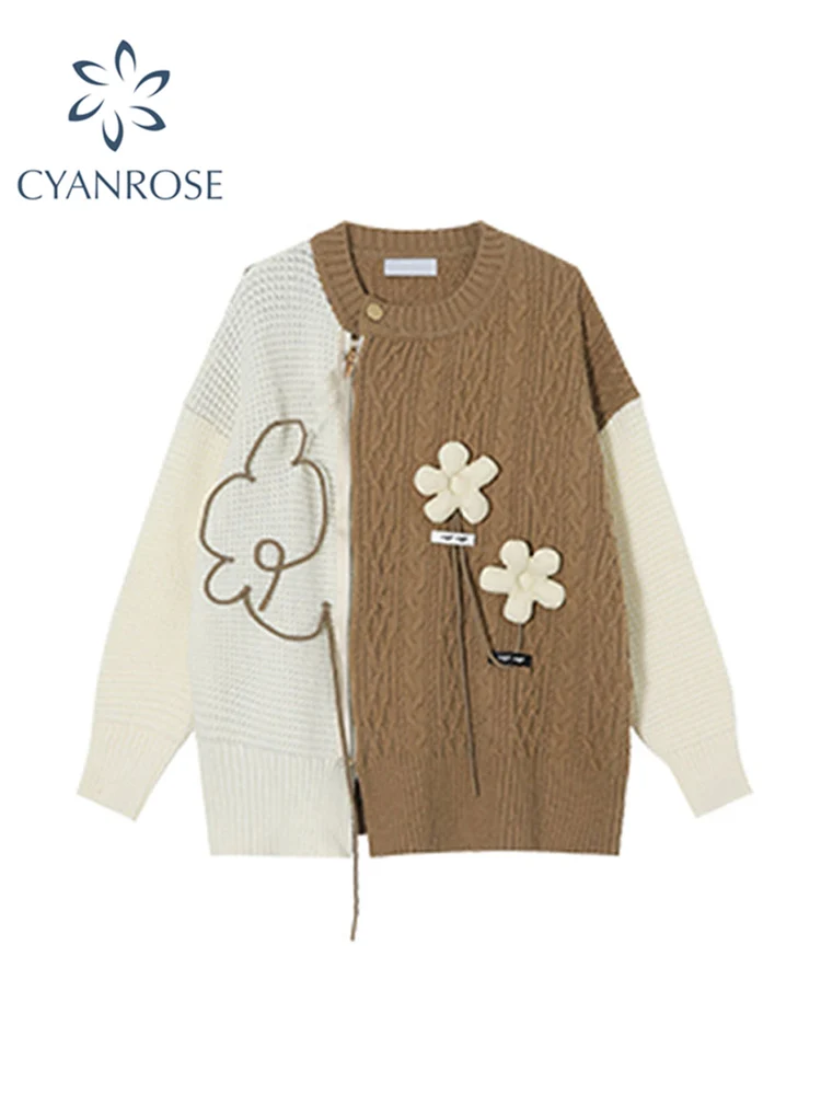 

Женский вязаный кардиган с круглым вырезом, свитер в стиле пэчворк на молнии, Женские винтажные свитера, модный осенний Топ оверсайз с длинн...