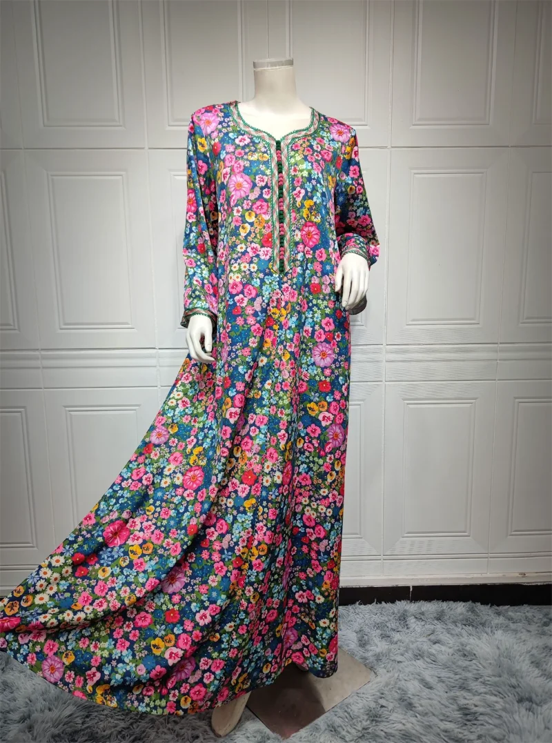 Modest Dress For Woman Elegant Casual Spring Floral Printed Long Dresses V-Neck Lace Tape Muslim Fashion Abaya Jalabiyat Ramadan