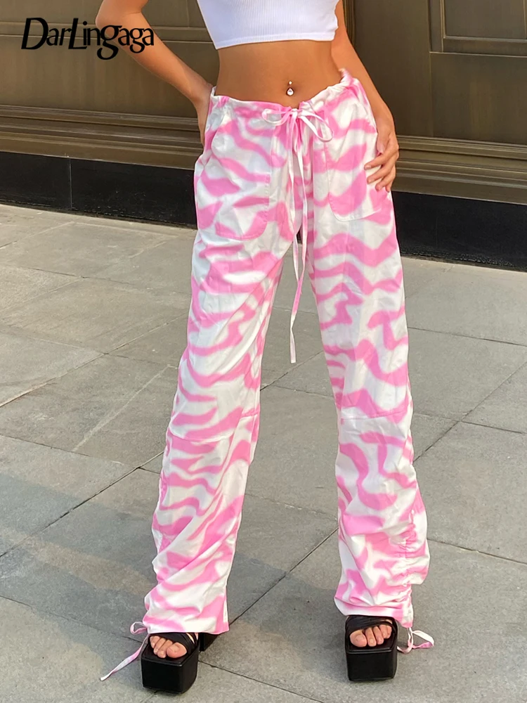 

Darlingaga Cyber Y2K Casual Pink Tie Dye Camouflage Women' Pants Drawstring Low Waist Harajuku Tech Trousers Shirring Straight