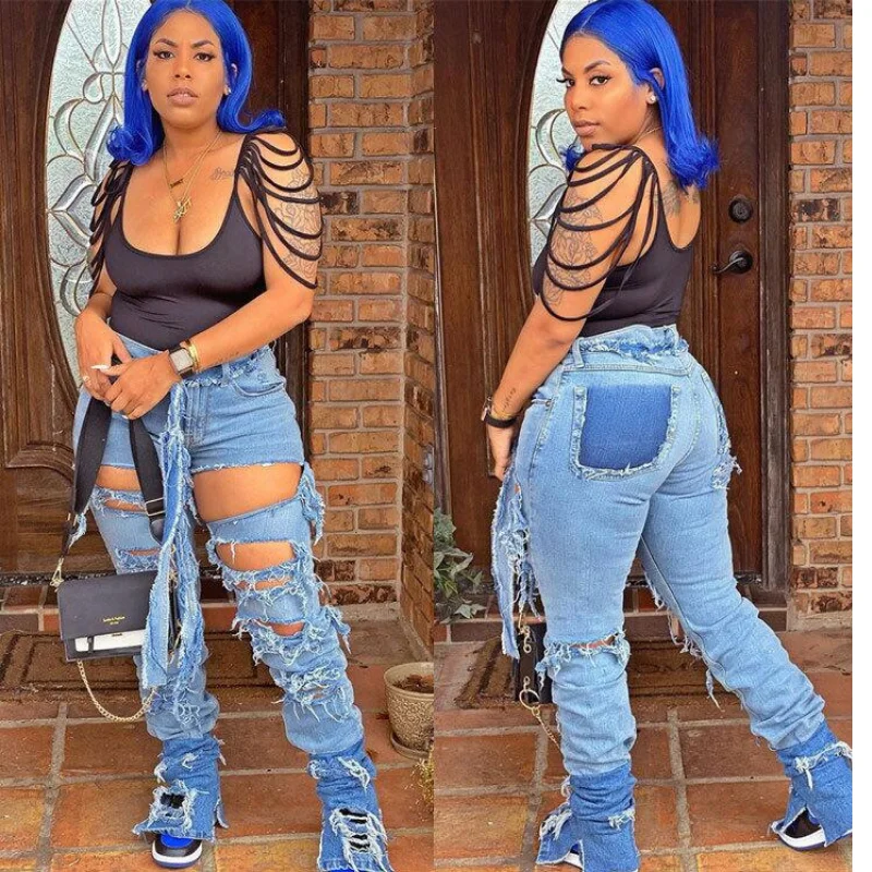 

Casaul Women Jeans Pants Hollow Out Ripped High Waist Jeans Long Pants Streetwear Clothes For Women