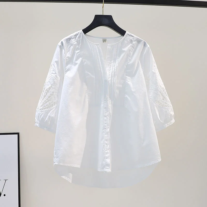 

Cotton Hollow Out Embroidered Medium Sleeve Shirt Women's O-neck Loose Shirt 2023 Summer Korean Single-breasted Tops Female