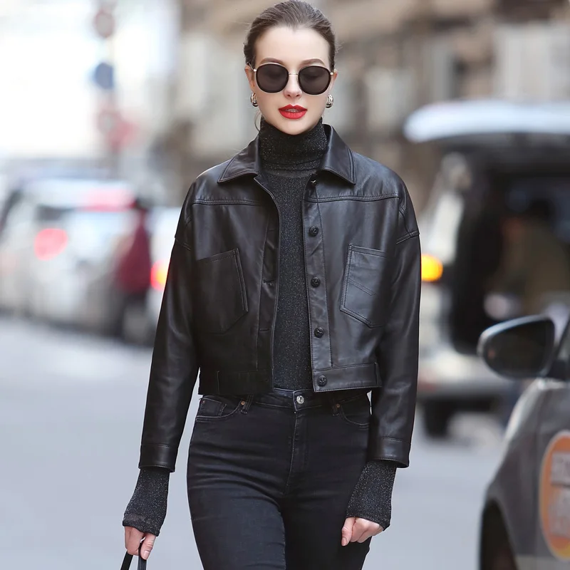 Women Genuine Leather Jackets Solid Simple Single-Breasted Crop Biker Motorcycle Leather Coats Shirt Short 2022 Autumn CL4025