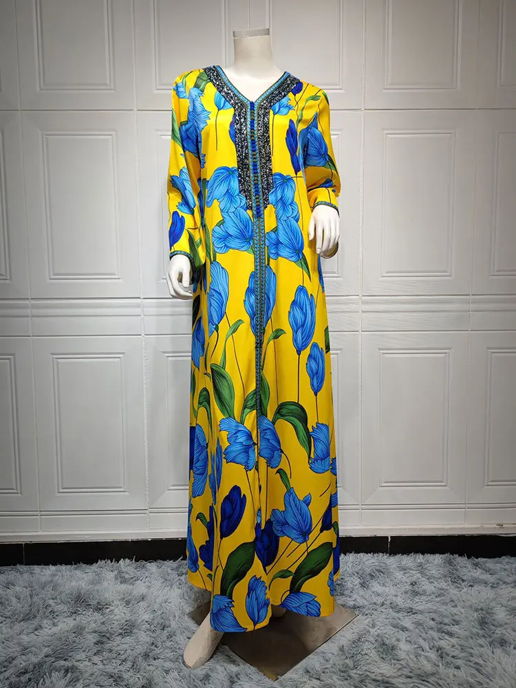 Floral Abaya Arabic Long Dress Women Diamonds Braid Trim Elegant Muslim Party Dresses Dubai Saudi Printed Jalabiya  Abayas