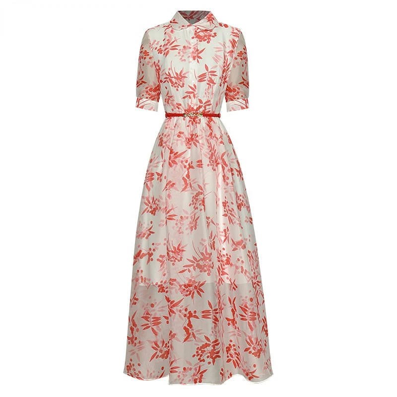 

Dresses For Women 2023 Runway Luxury Designer Elegant Summer Turn-down Collar Short Sleeve Single Breasted Floral Print Dress