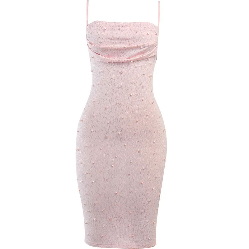 Купи Sexy Party Club Beaded Lace Up Pink Suspenders Dresses Women 2022 Summer Fashion New Elegant High Waist Slim Long Dresses Woman за 593 рублей в магазине AliExpress