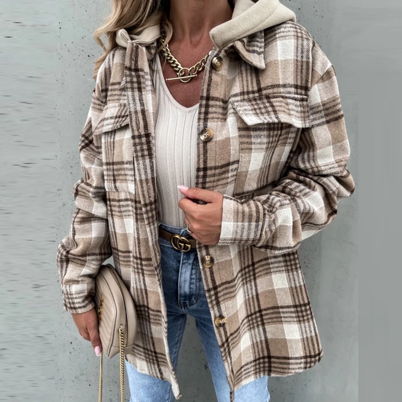 

Women's Winter Hooded Jacket New Fashion Plaid Woolen Shirt Coat Ladies Casual Loose Single-breasted Jacket Hoodies