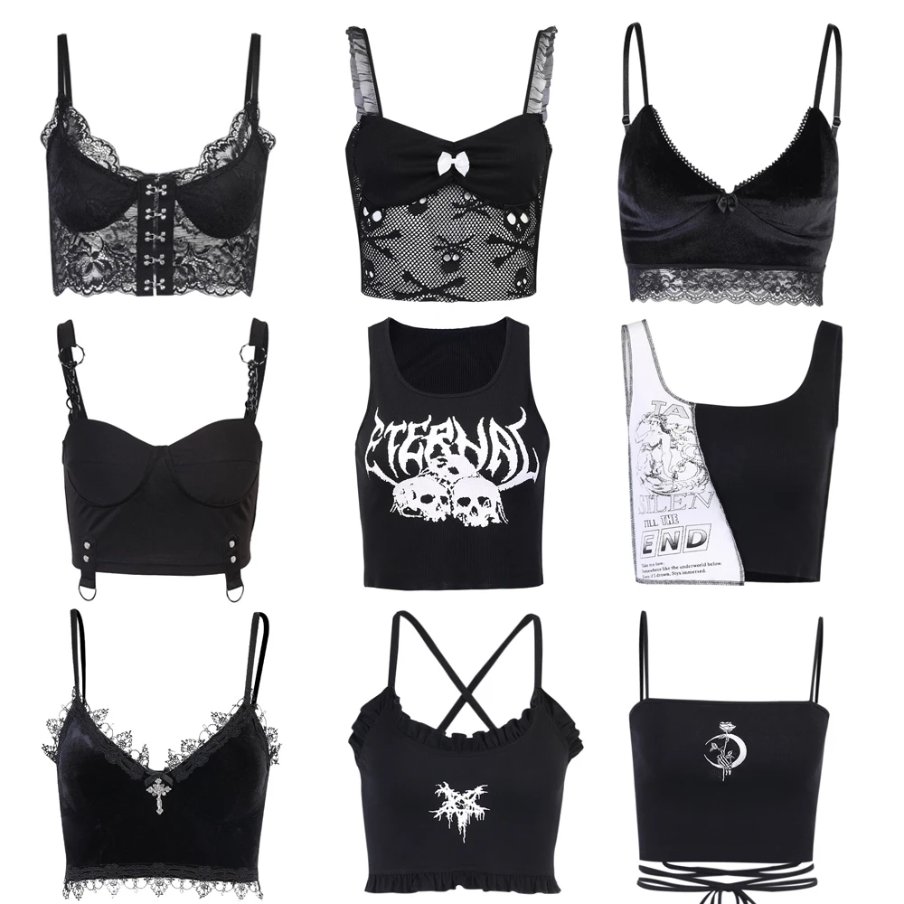 Y2K эстетические готические укороченные топы с черной кружевной отделкой