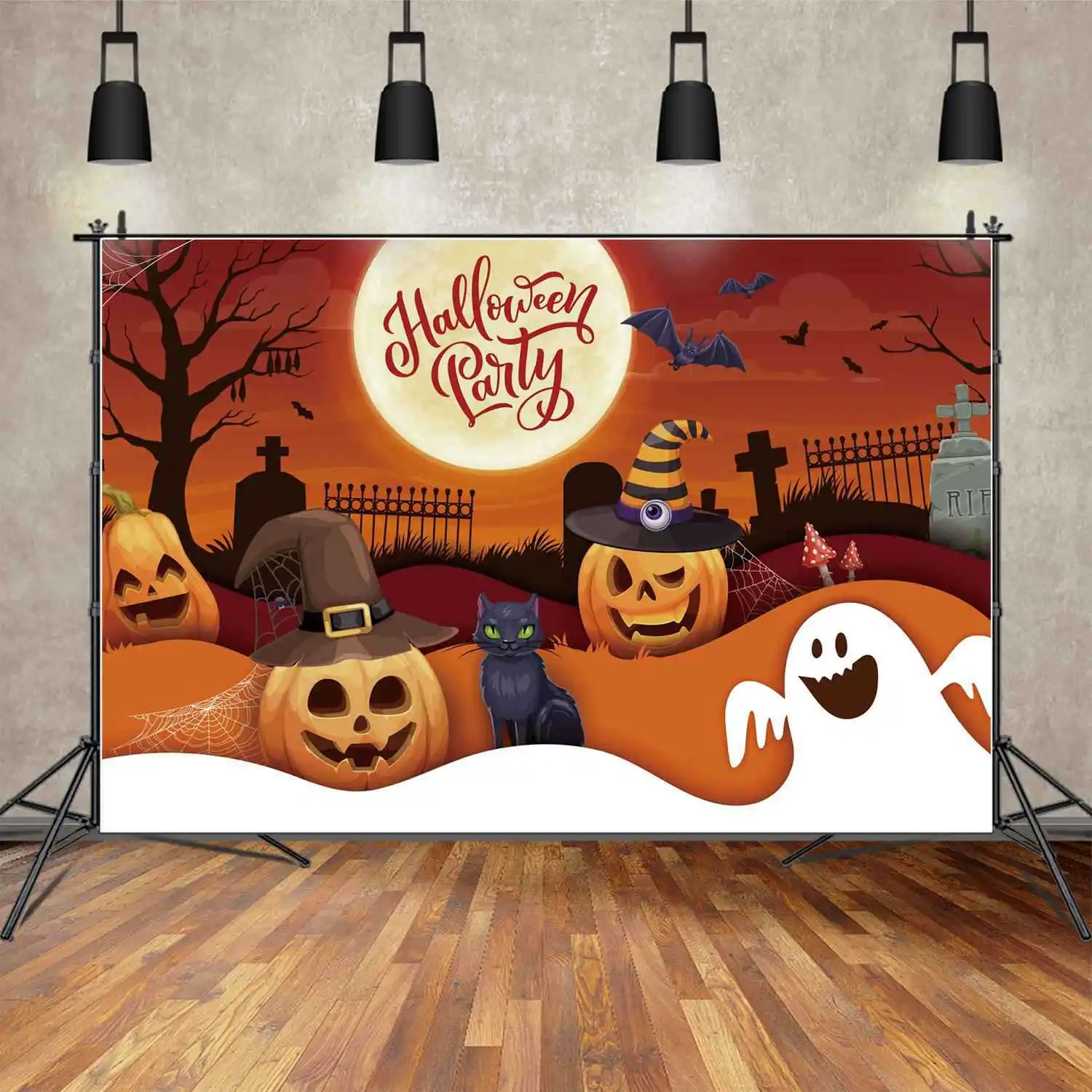 

MOON.QG Backdrop Halloween Party Banner Jack O Lantern Cat Cemetery Decor Background Tombstone Ghost Flying Bat Photo Booth Prop