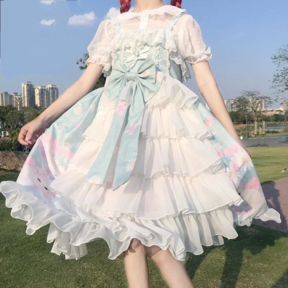 

Японские платья сладкой Лолиты с бантом, кружевное платье Jsk на бретельках, кавайное платье для чайной вечеринки, Кукольное платье для женщи...