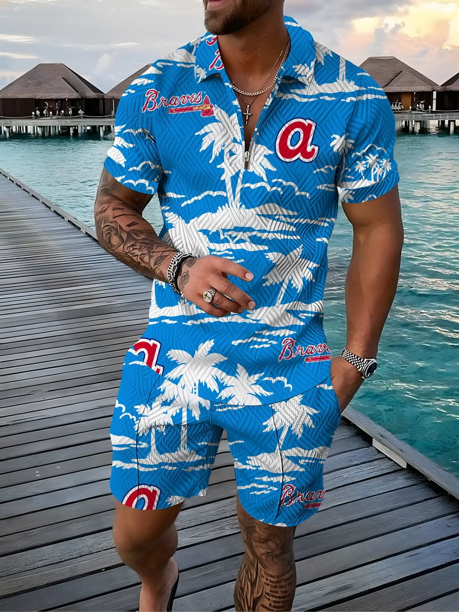 Men's Activewear Casual Short Sleeve Zip Polo Shirt and Shorts Set Men's Casual Hawaiian 3D Print Streetwear 2 Piece Set