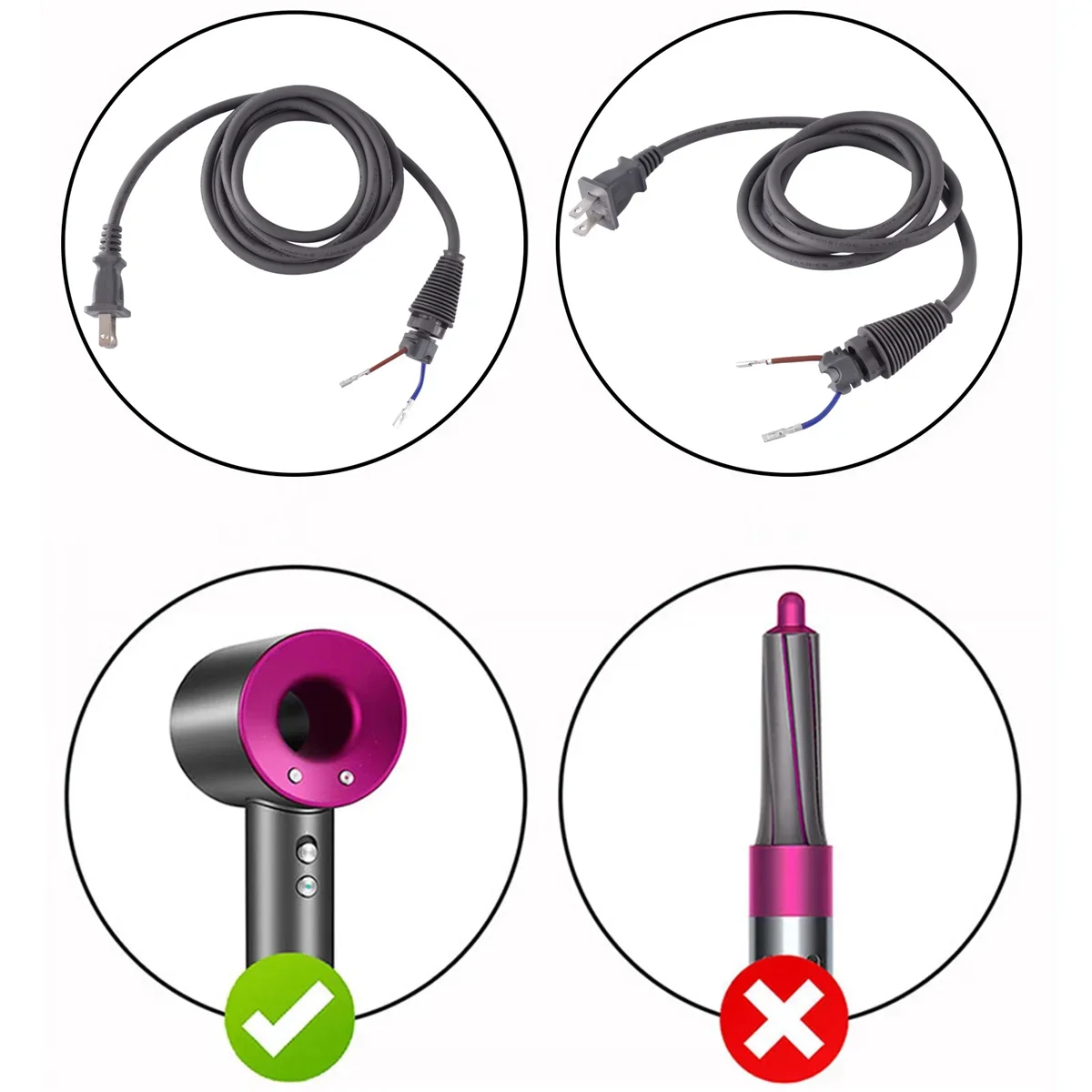 Универсальный шнур питания 1,8 м для фенов Dyson HD01020304070815, вилка стандарта США (art.: 3920da680b98b) - 3920da680b98b