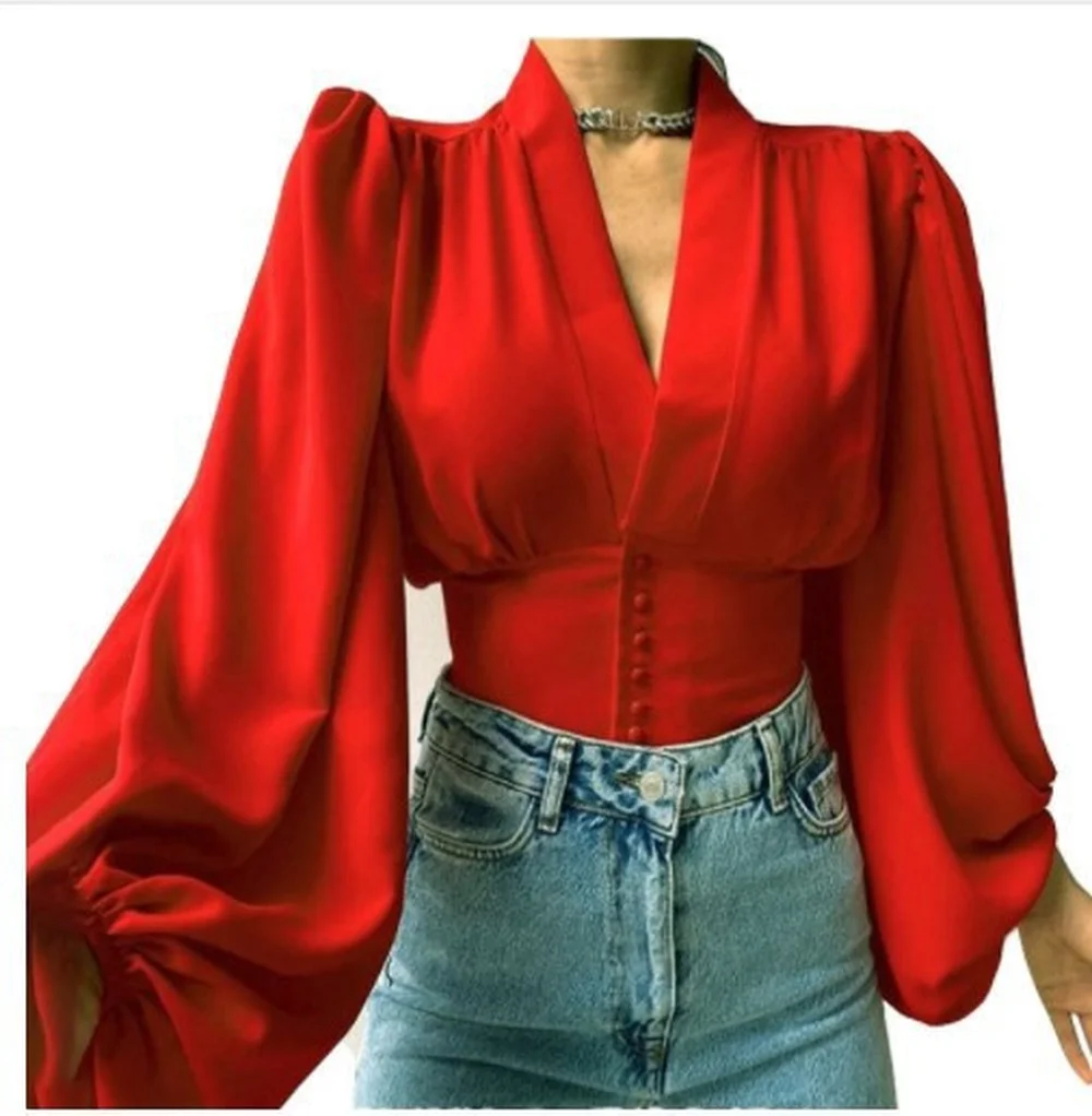 Весенняя женская рубашка с фонариком и длинными рукавами повседневная