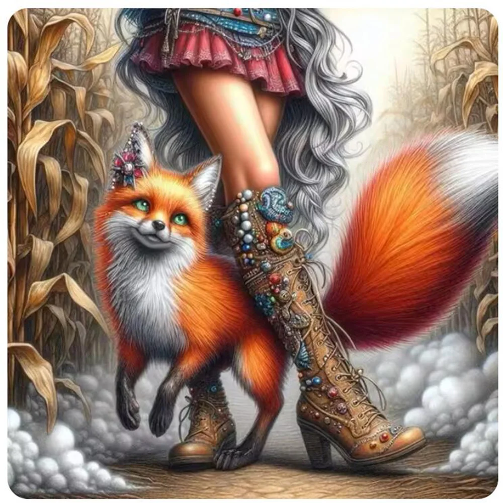 Diamond Mosaic 5D Punk Cool Boots Diy Painting New Girl And Fox Full Square Round Animal Collection Handmade Hobby