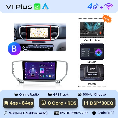 Junsun V1pro Беспроводной CarPlay автомагнитола Android Auto Аудио для авто мультимедиа автомобиля для киа спортейдж 4 For Kia Sportage 4 QL 2018-2021 4G 2дин магнитола андройд GPS магнитола для авто
