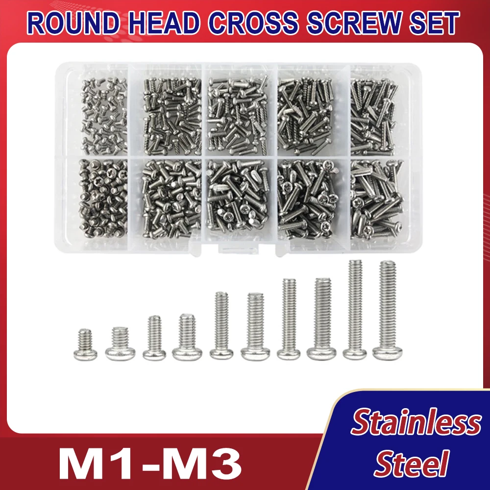 

M1 M1.2 M1.4 M1.6 M2.5 M3 Metric Thread Machine Bolt Phillips Round Head Cross Screw Box Set 304 Stainless Steel Assortment Kit