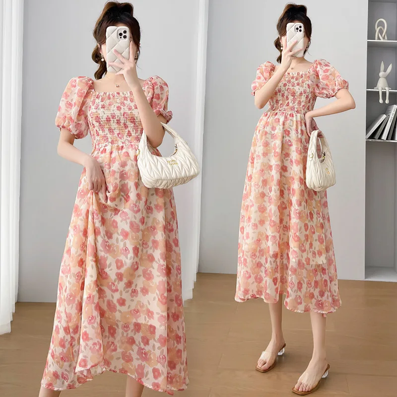 

2023Maternity Floral Short-Sleeved Dress Women's Floral Short-Sleeved Dress Pregnant Women Maternity Long Dress Summer Pregnancy