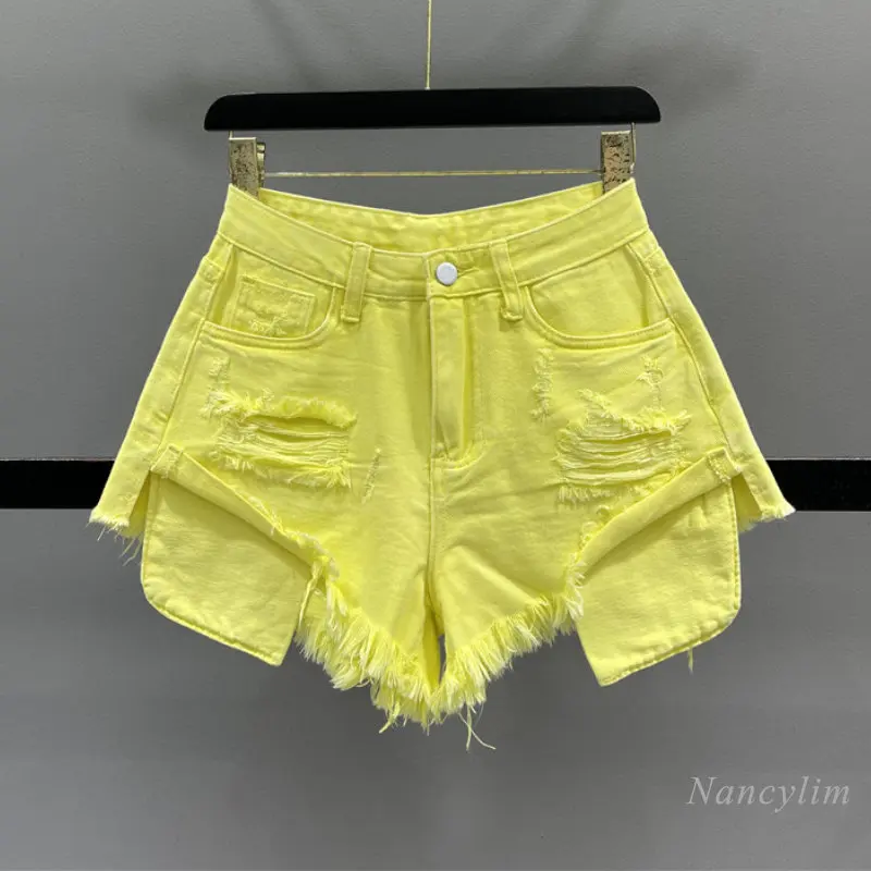 

Ripped Denim Shorts Women's 2023 Summer New High Waist Slimming Wide Leg Hot Pants A- Line Burr Jean Shorts Streetwear