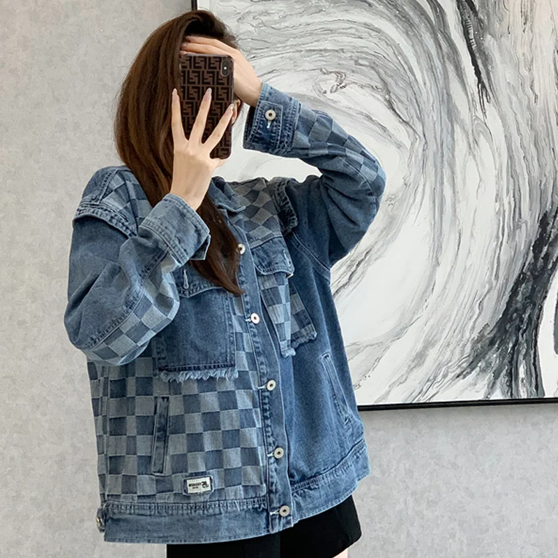 

#3409 Spring 2022 Plaid Denim Jacket Women Loose Casual Single Breasted Jeans Jacket Female Pockets Streetwear Hip Hop Jacket