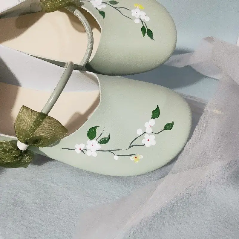 Light Green Ballet Flats Shoes Woman Summer Strappy Loafers Women's Round Toe Driving Shoes Mom Flower Print Bowknot Moccasins