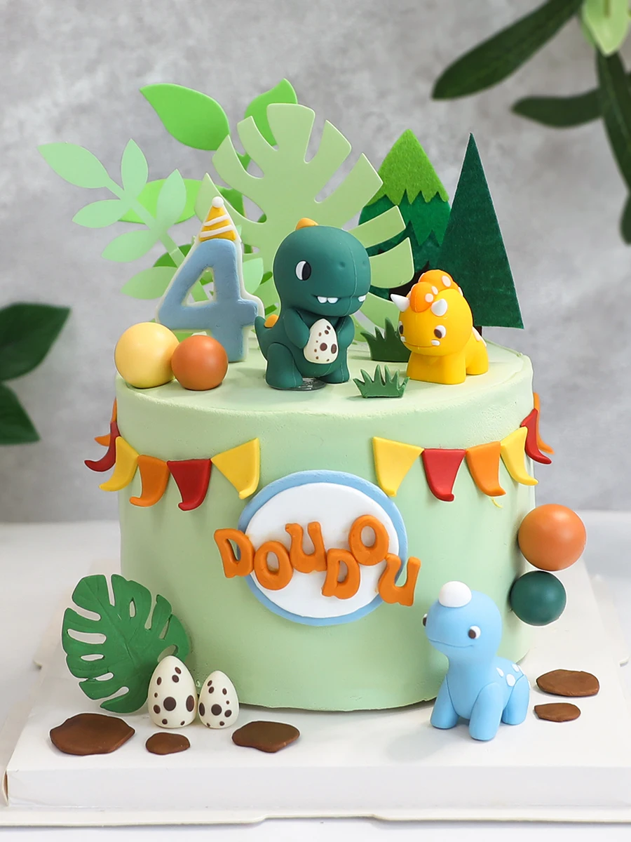 Jurassic Theme Cake Decoration Cartoon Dinosaur Tyrannosaurus Rex Doll Ornament Children Boys Birthday Cake Topper Insert Sign