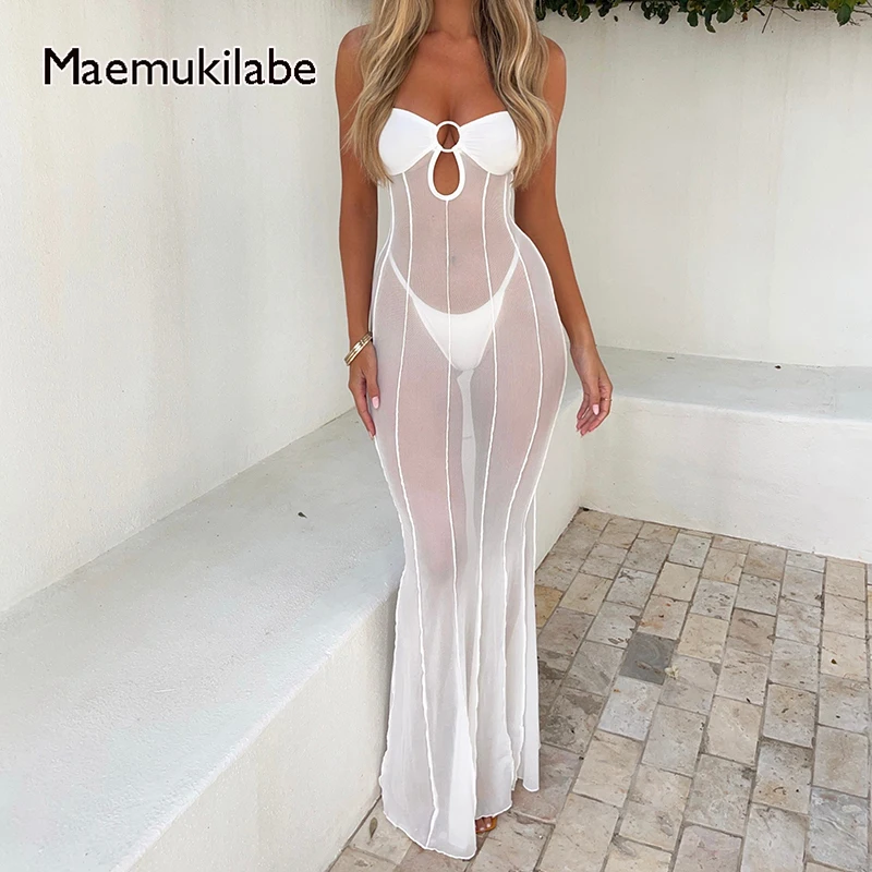 

Сексуальное Сетчатое Прозрачное платье без бретелек Maemukilabe, женское облегающее длинное платье макси с глубоким вырезом и открытой спиной, коктейльные платья