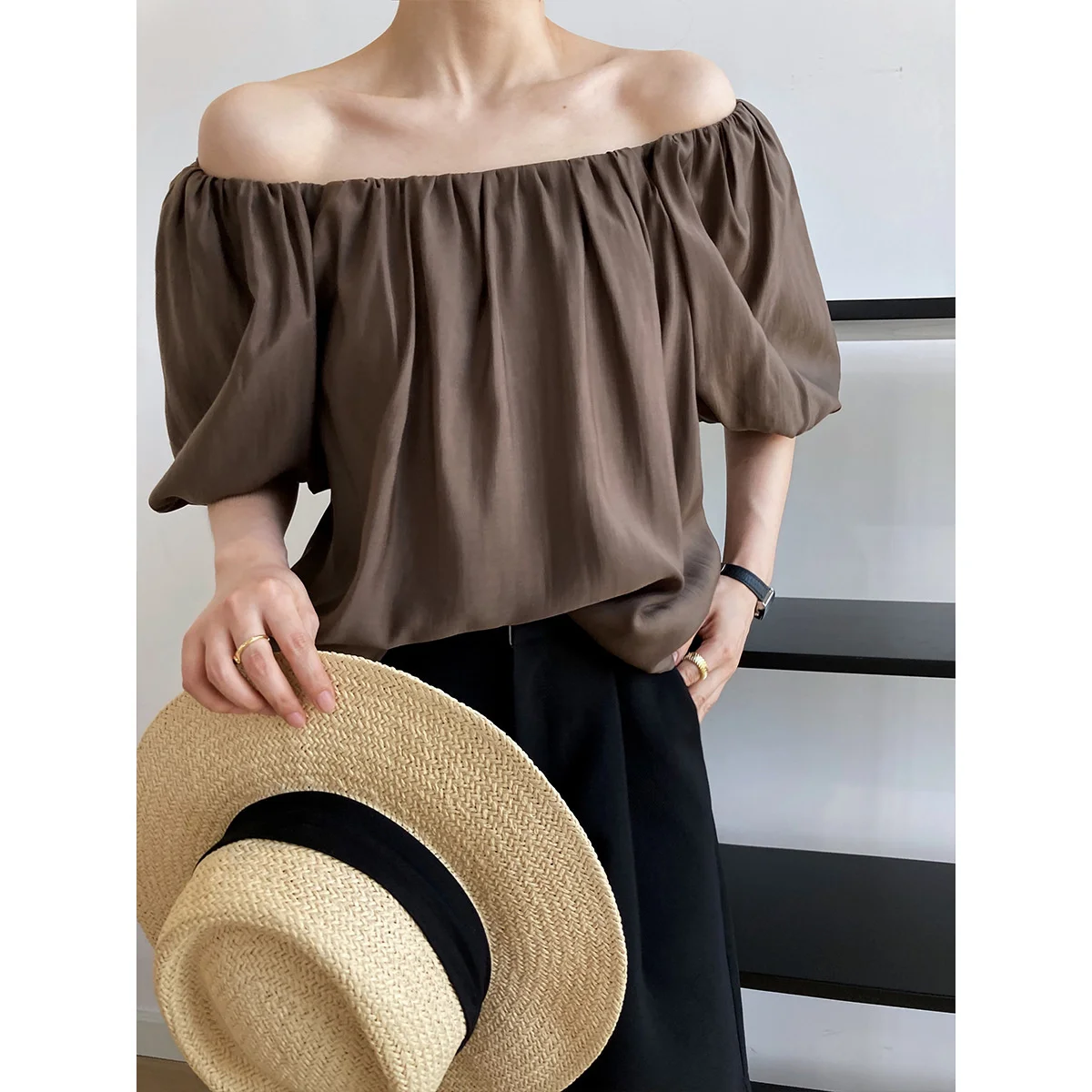 

Puff Sleeve Off Shoulder Backless Puff Sleeve Shirts Brown Orange Beige Summer Short Sleeve Tops for Women